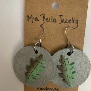 Handmade Round Stained Wood French Wire Earrings Stainless Steel Grey & Green